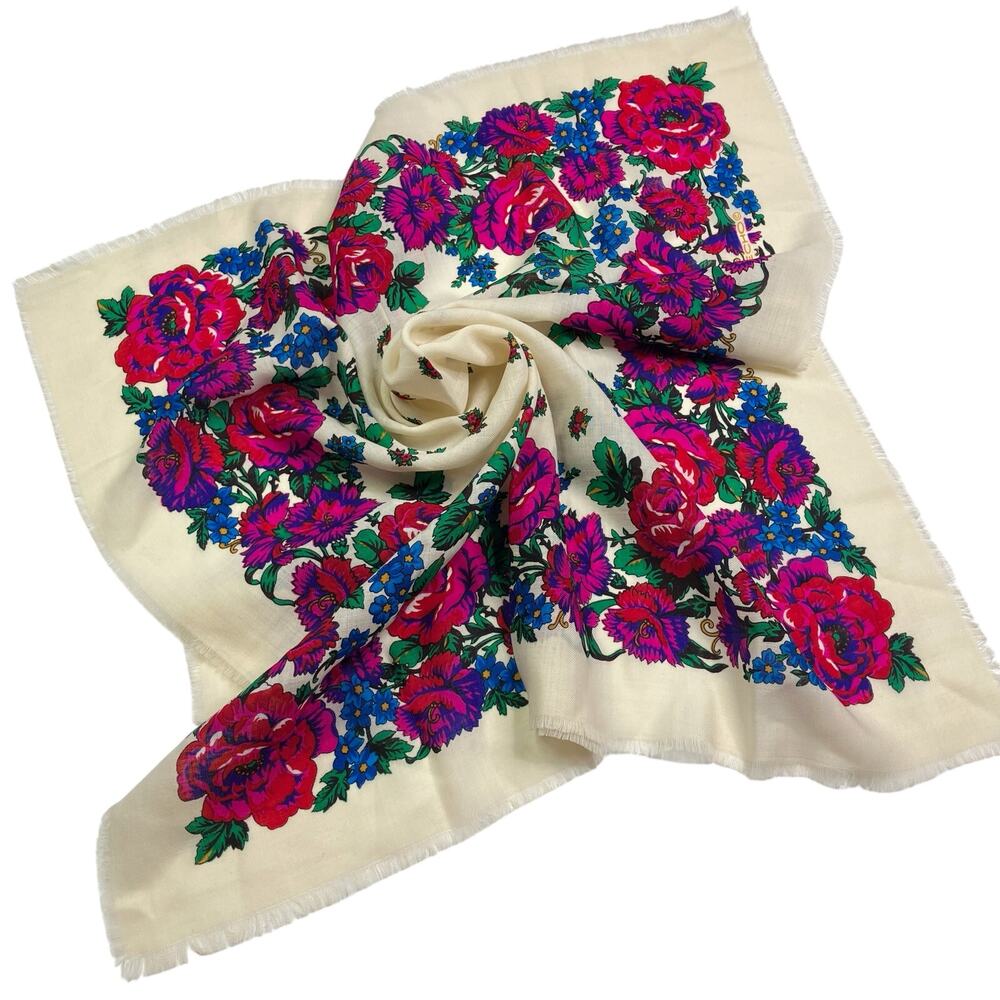 ECHO Vintage Cream Colorful Floral Print Scarf 29.25” Square